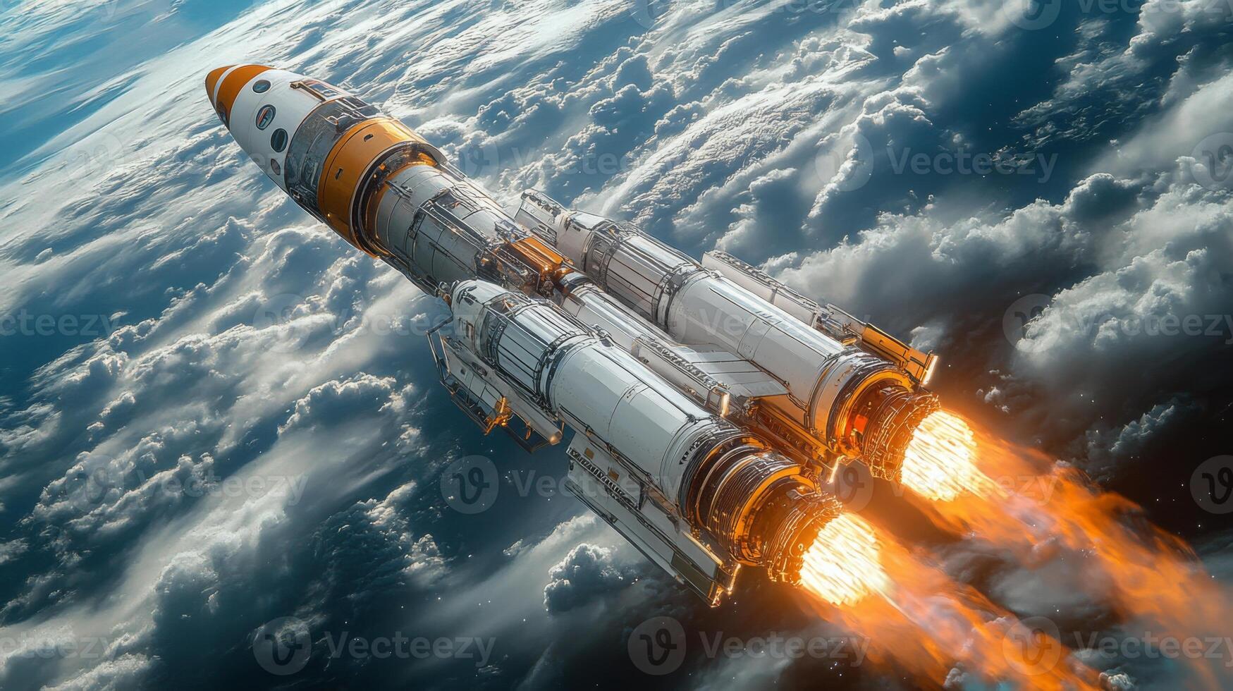 The rocket ascends rapidly, with flames roaring from its engines, leaving a plume of smoke while soaring above the clouds during a daytime launch. photo