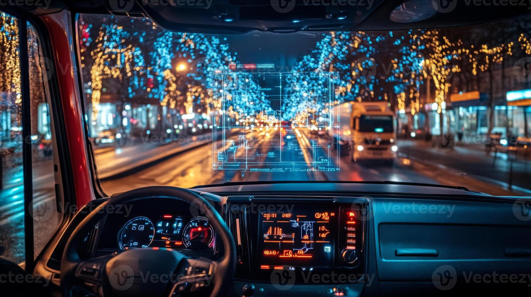 The view from inside a truck shows a bustling city street with bright decorations and vehicles on the road, highlighting the lively atmosphere as night falls. photo