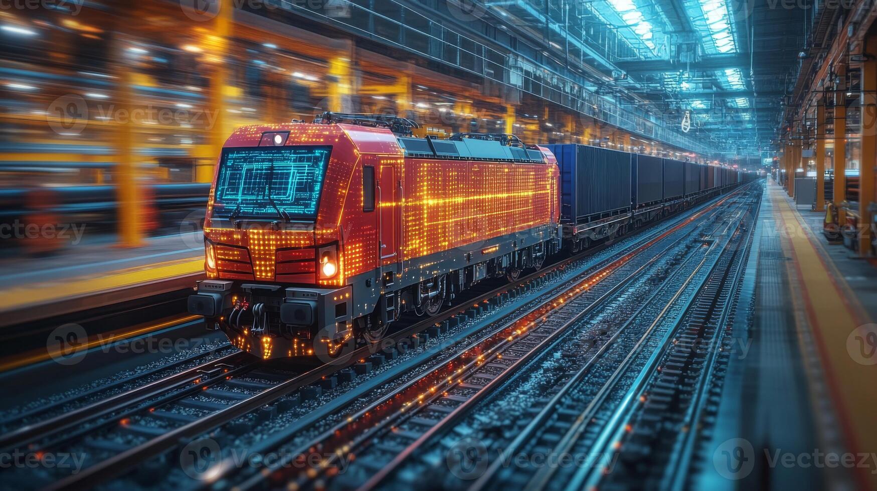 A train loaded with freight moves swiftly through a warehouse distribution center illuminated by bright lights during dusk, showcasing the logistics operations in action. photo