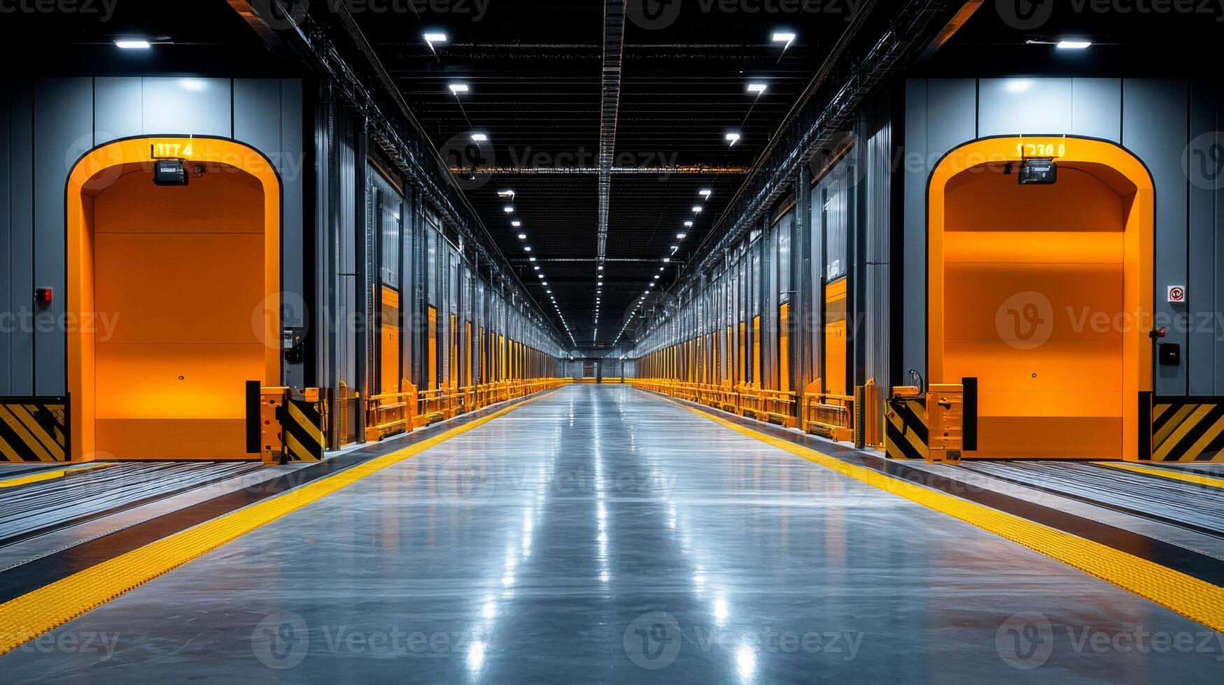 Spacious warehouse features an orderly arrangement of loading docks, each equipped with vibrant orange doors, facilitating smooth logistics and inventory operations throughout the facility. photo