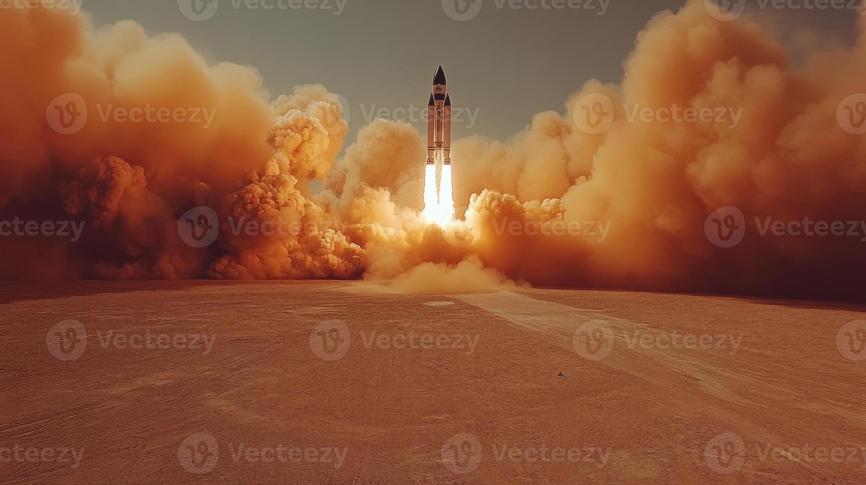 A rocket ascends into the sky, leaving behind a plume of smoke and dust. The setting features a vast desert landscape during a bright day, showcasing rocket propulsion and aerospace innovation. photo