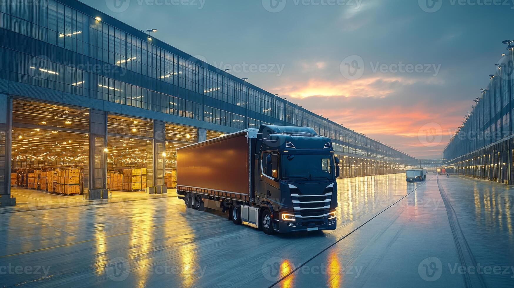 A logistics truck parks at a large warehouse as the sun sets, preparing for freight loading and efficient distribution of inventory while optimizing transport operations. photo