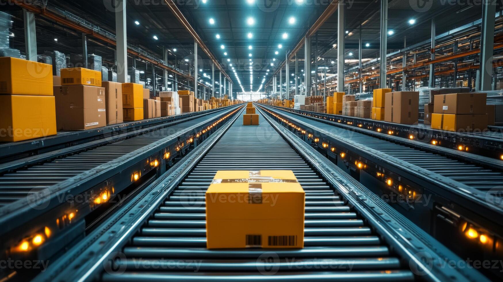Boxes are systematically transported along a conveyor belt in a spacious warehouse, demonstrating effective logistics and inventory management practices during peak operation hours. photo