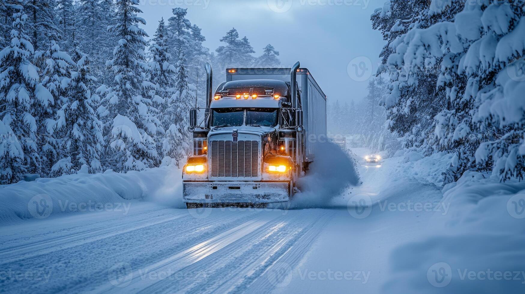 A large freight truck navigates a snow covered road in a remote area, showcasing resilience in winter logistics as it moves through a landscape filled with snow laden pine trees. photo