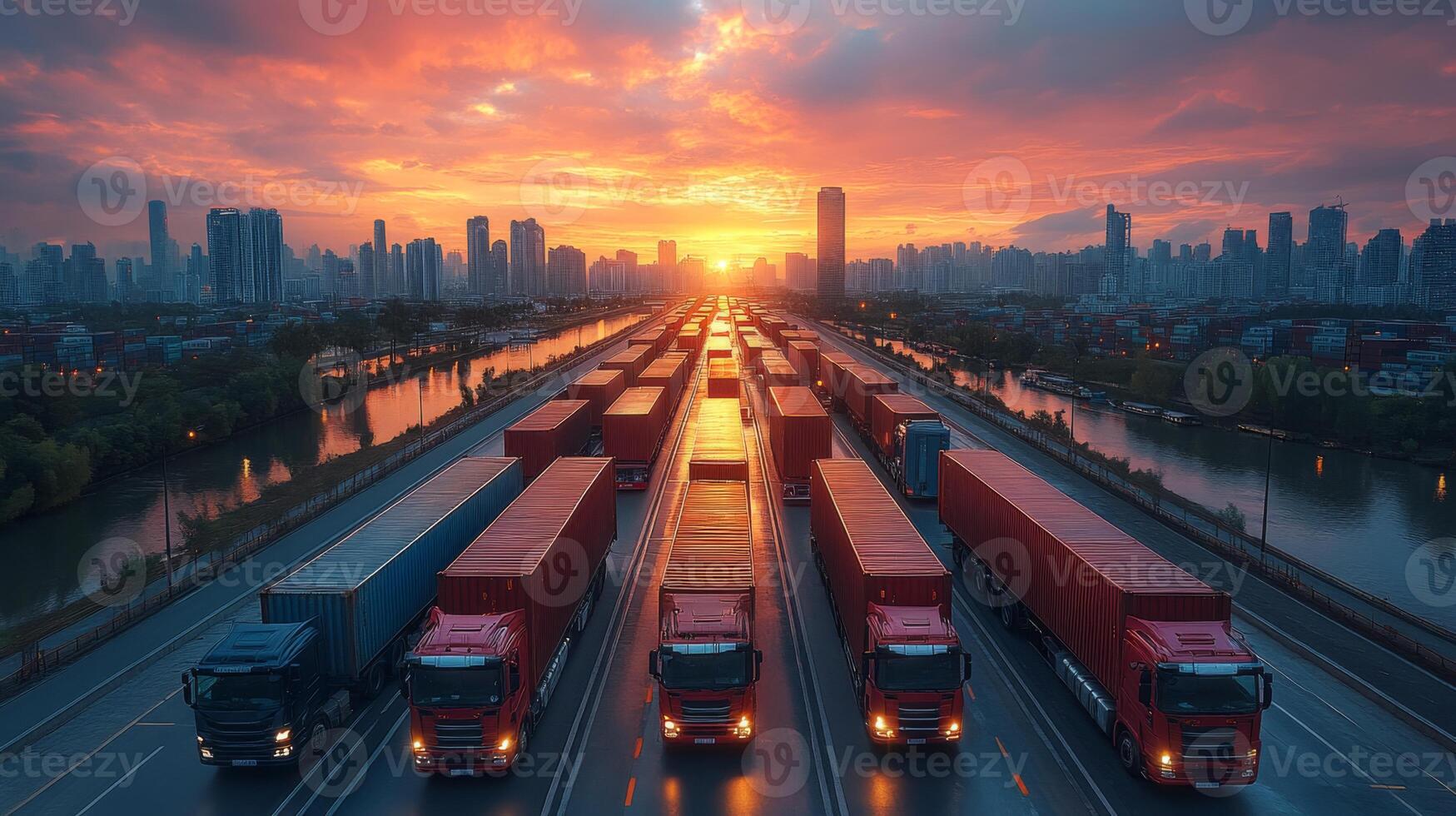 Trucks are arranged in a meticulous line in a logistics distribution hub as the sun sets, creating a dramatic skyline against the urban backdrop. photo