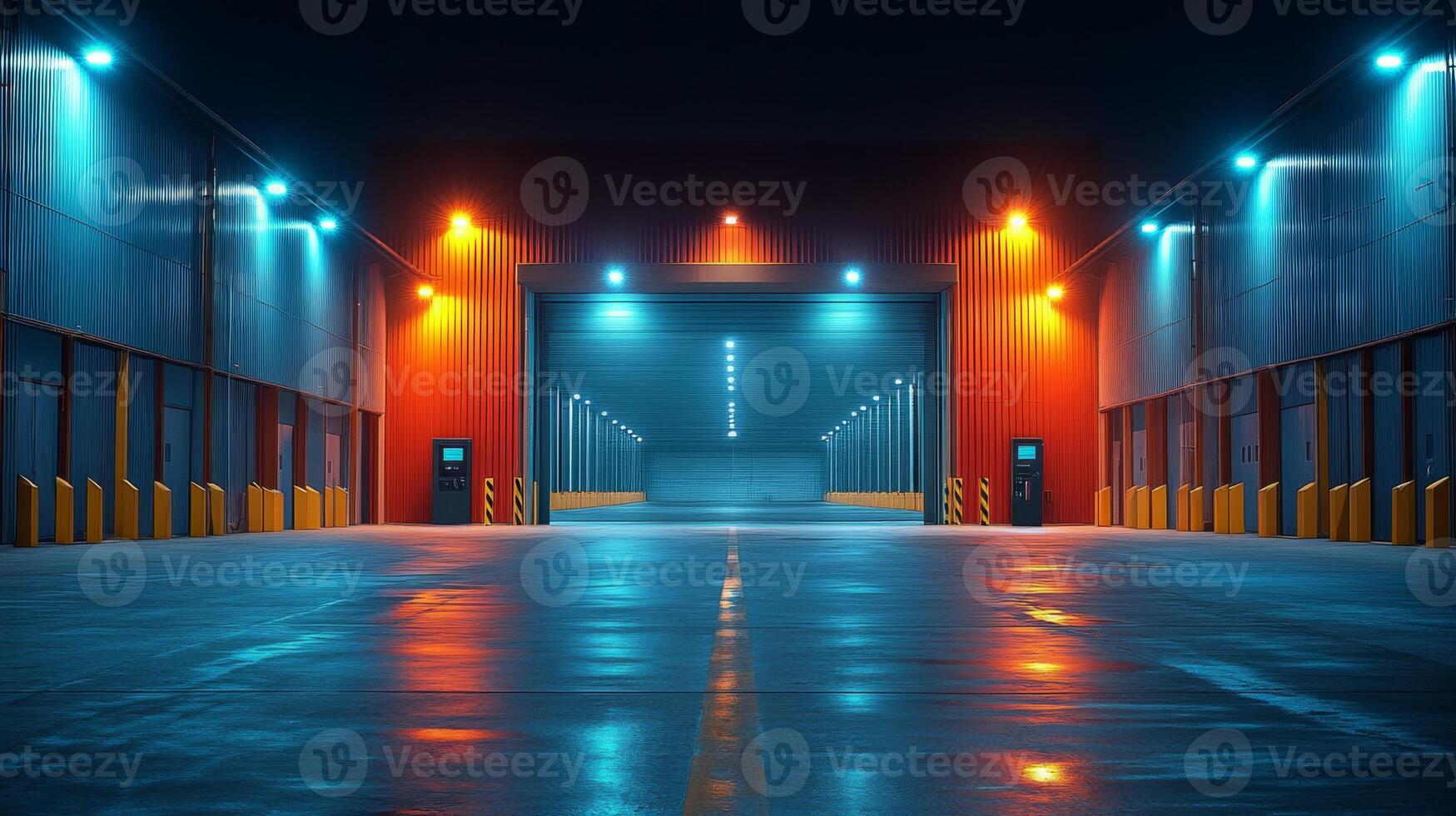 A spacious warehouse is illuminated by bright orange and blue lights, showcasing loading docks for freight and cargo operations, emphasizing a well managed distribution center. photo