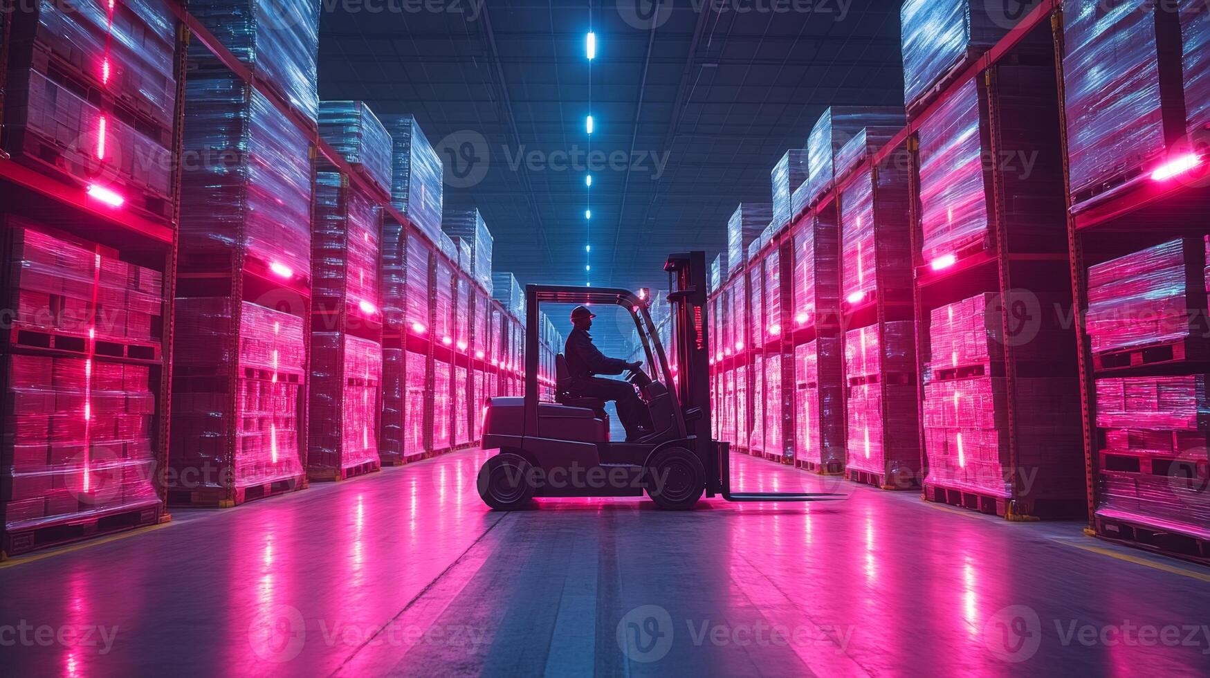 A forklift operator navigates along aisles filled with stacked pallets, illuminated by vibrant colored lights, efficiently moving inventory in a bustling warehouse environment. photo