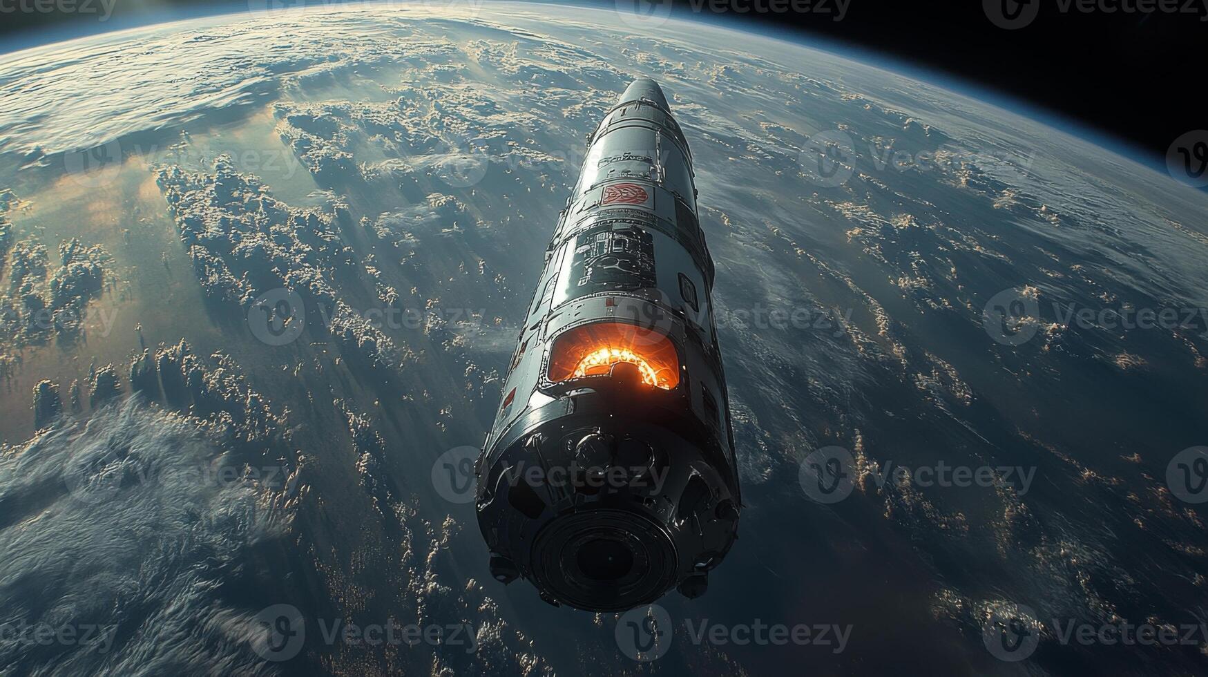 Rocket engages retropropulsion systems to slow descent as it approaches Earth, highlighting advanced recovery technology for safe landings after spaceflight. photo