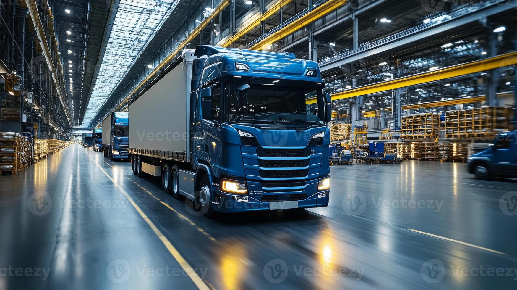 Large trucks are moving along wide aisles of a warehouse filled with shelving units, demonstrating busy logistics and distribution activities during daytime operations. photo