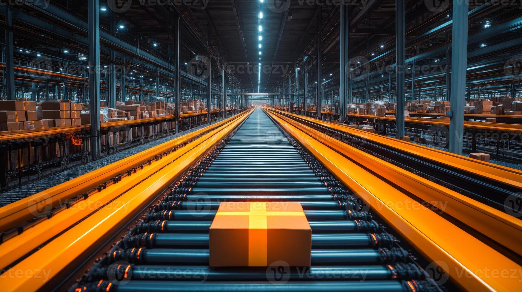 A vast warehouse filled with neatly organized shelves and automated conveyor systems transporting boxes. The space is illuminated by bright lighting, enhancing operational efficiency. photo