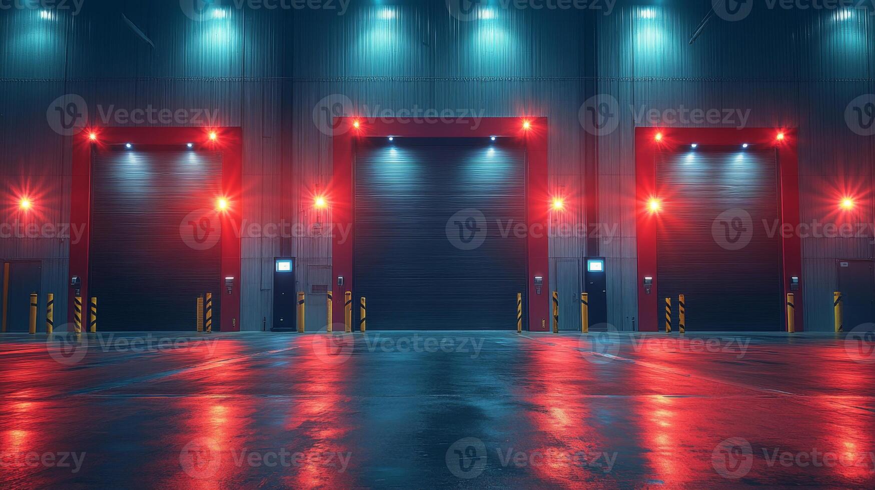Bright lights illuminate the exterior of loading bays in a large warehouse. The well maintained floor reflects the vibrant colors, enhancing the nighttime atmosphere. photo