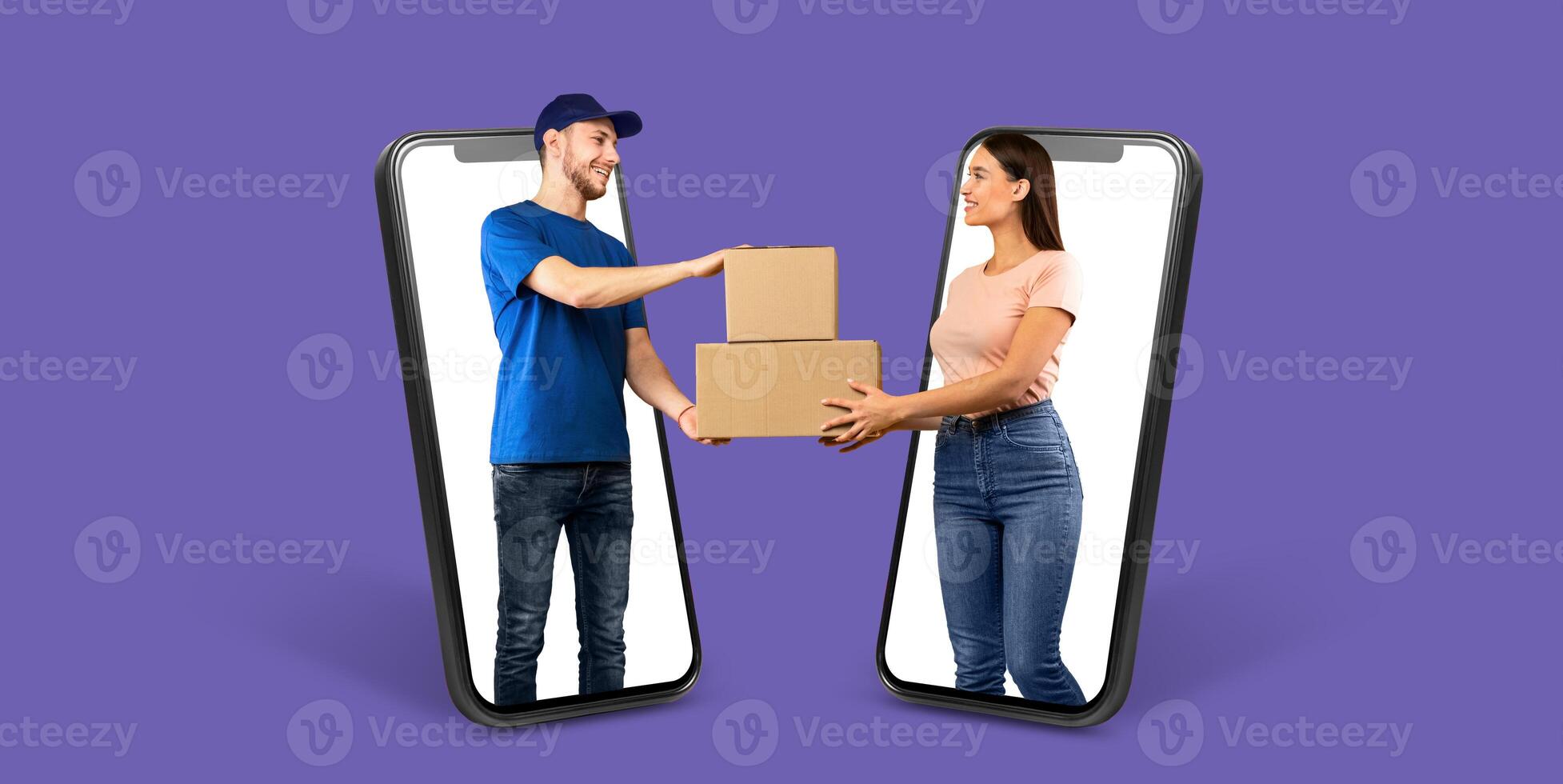 A buyer smiling while receiving a package from a delivery person through a smartphone screen. This represents the convenience of online shopping and delivery services in a digital age. photo