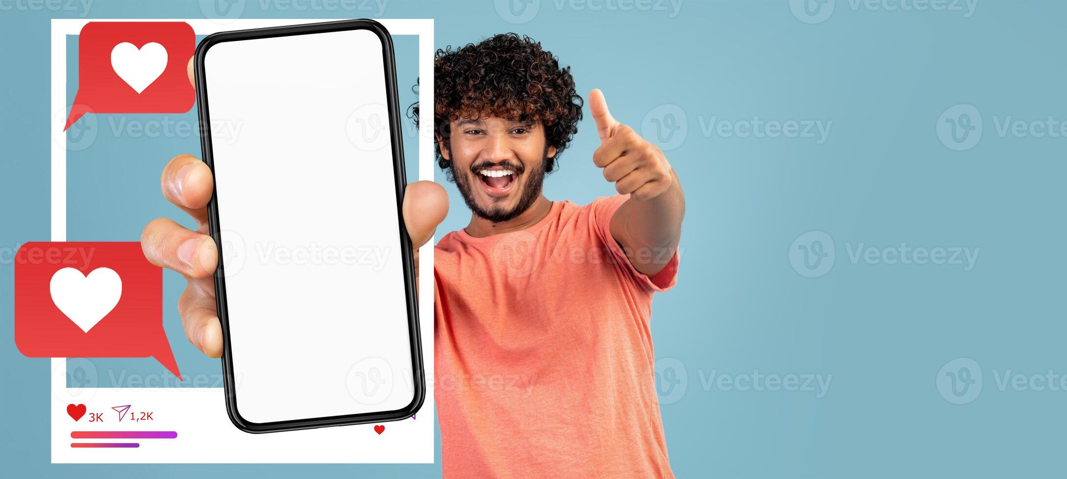 A social media influencer enthusiastically displays a smartphone with a blank screen, symbolizing online engagement. They are conveying positivity, ready to connect with their audience. photo