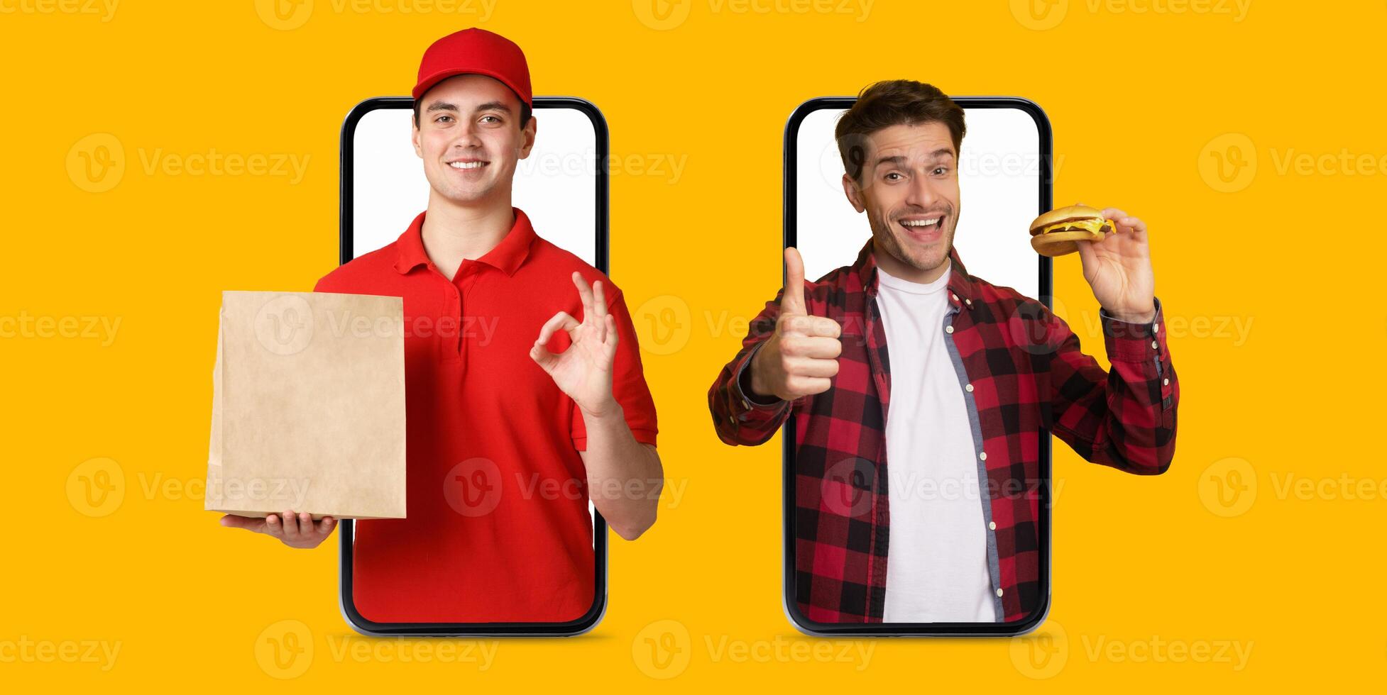 A buyer engages with a smartphone app for online shopping, excitedly receiving a delivery. The person is satisfied with the service, highlighting the modern ecommerce experience. photo