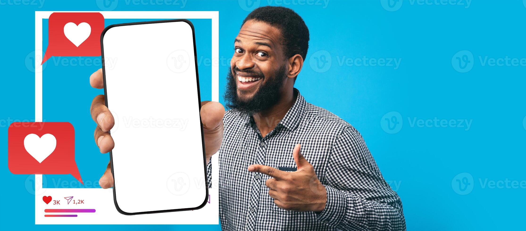 An influencer holds a smartphone, displaying social media notifications with like and heart icons. The background is bright and colorful, emphasizing online engagement and interaction. photo