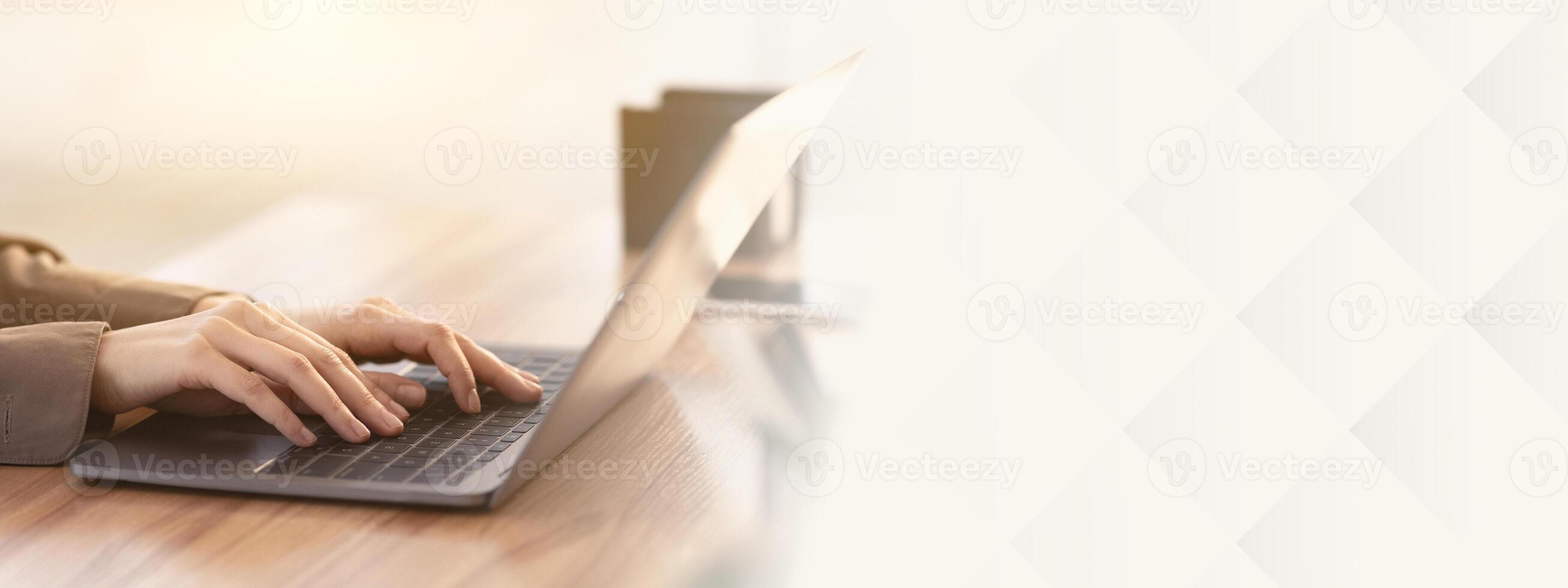 Job Search. Side view of unrecognizable woman using laptop, finding work projects online. Panorama, copy space photo