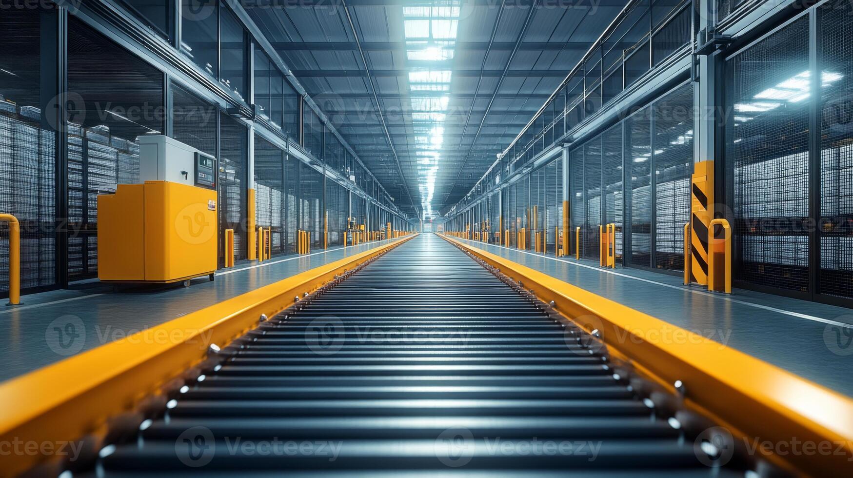 A spacious warehouse features a long conveyor system designed for efficient movement of cargo and inventory. Organized shelving lines the walls, showcasing ample storage capacity. photo
