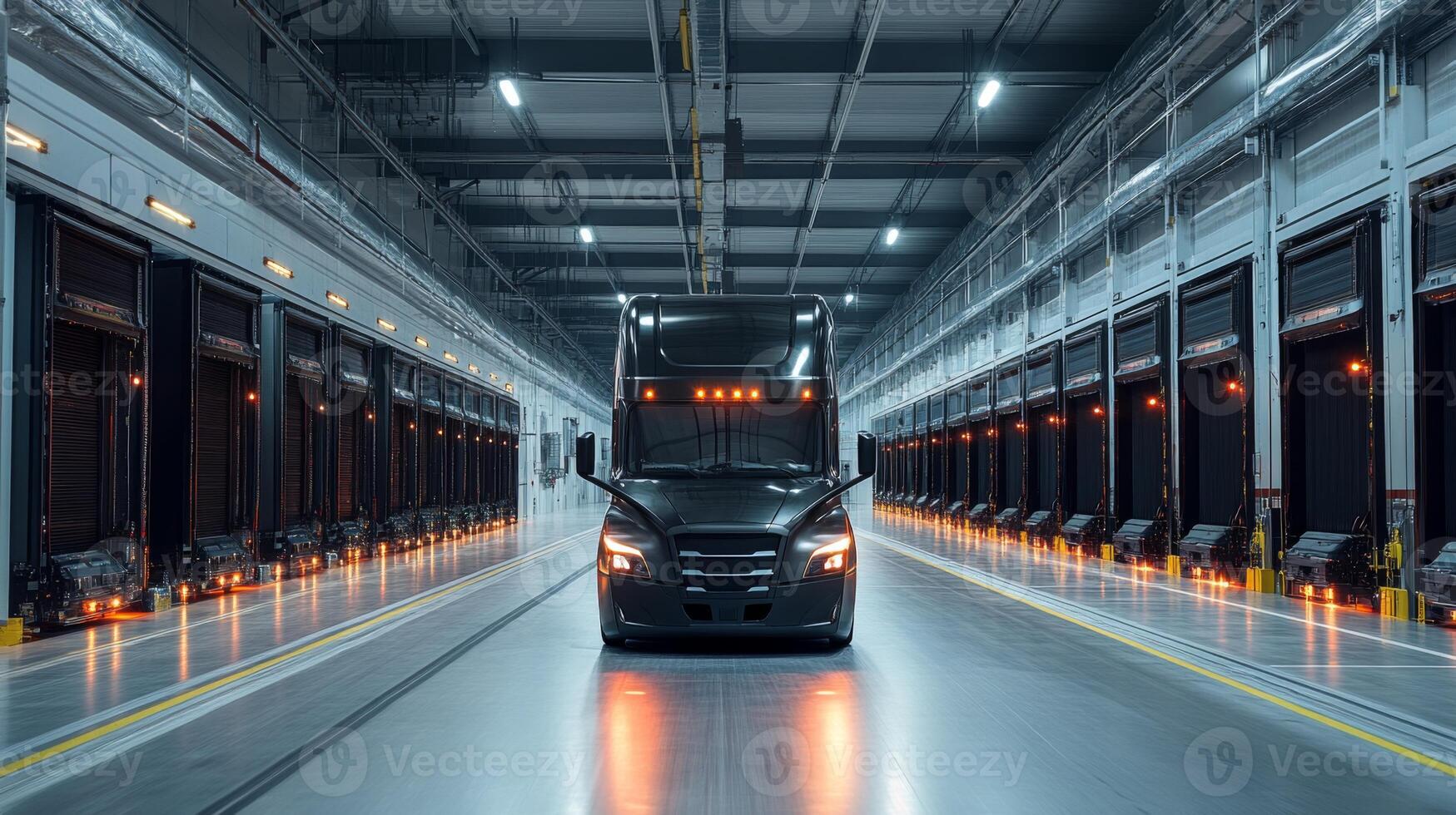 A modern truck is positioned at the loading dock of a spacious distribution warehouse, ready for inventory loading and transportation. The facility features numerous storage bays and bright lighting. photo