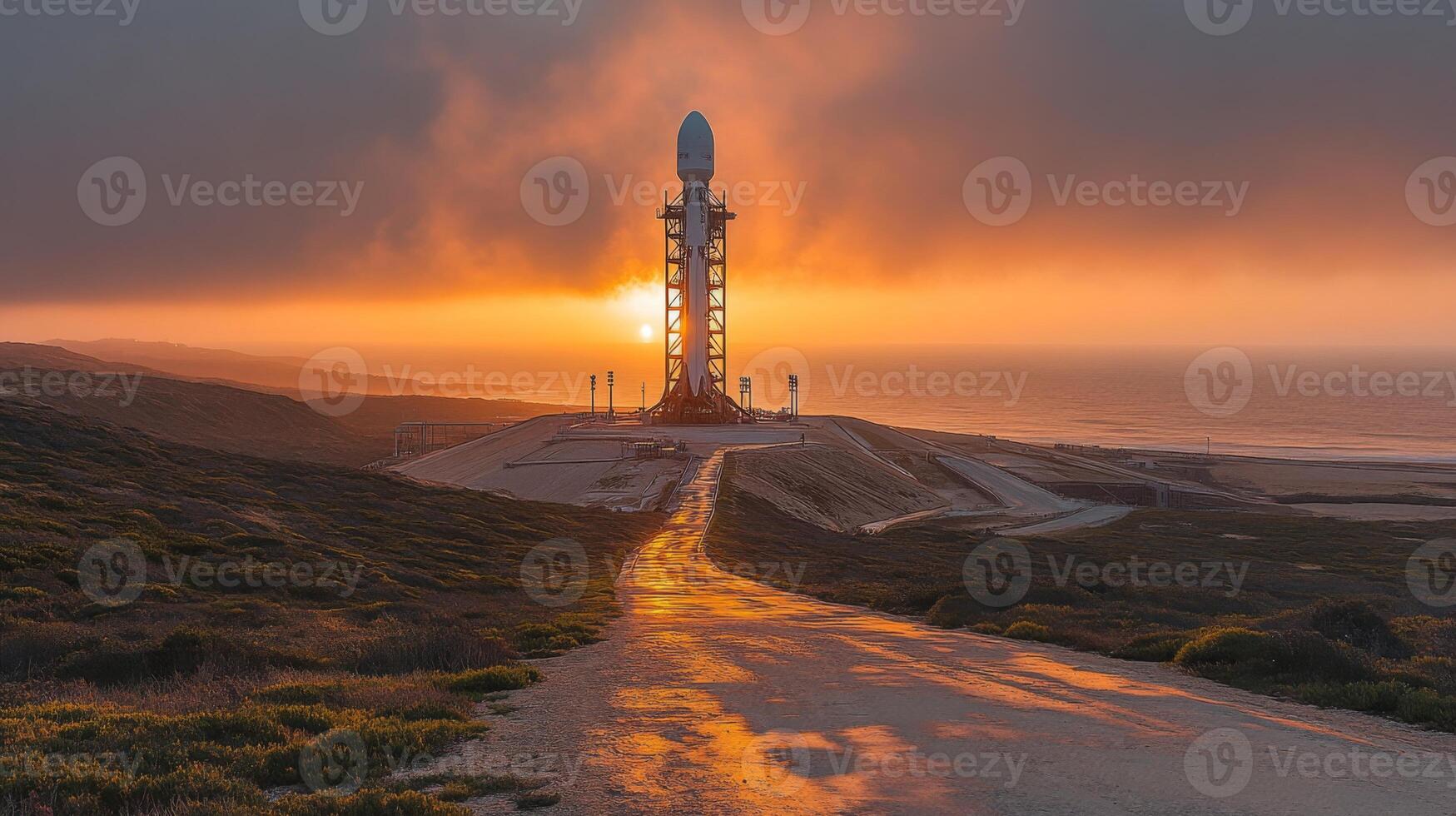 A rocket is positioned on the launch pad, silhouetted against a stunning sunset. This setting highlights ongoing advancements in aerospace technology and spaceflight preparations. photo
