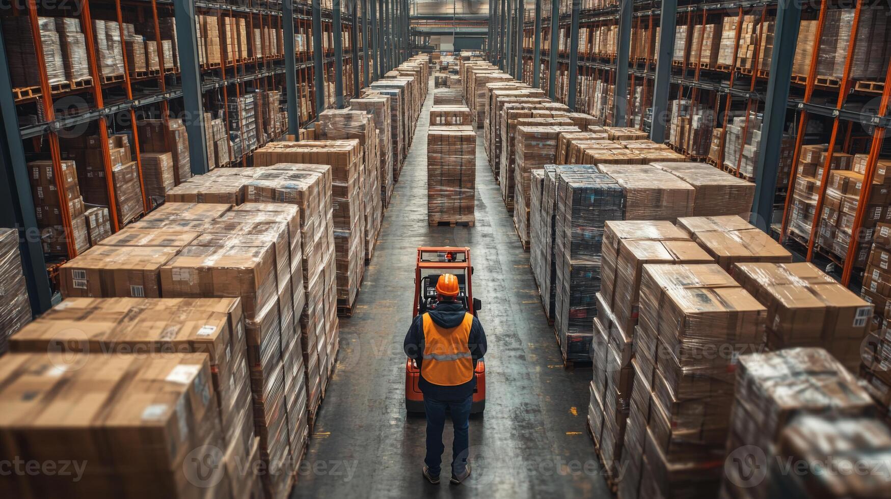 A warehouse employee in a safety vest operates a forklift amidst tall stacks of boxes, focused on sorting and managing inventory within a busy distribution center during the day. photo