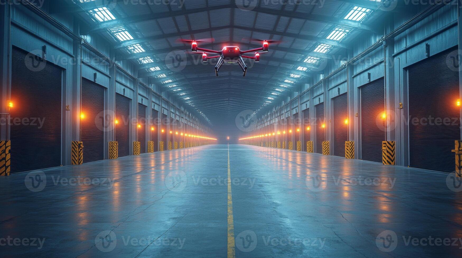 A high tech drone hovers above a wide warehouse aisle filled with storage areas. The lighting creates a futuristic atmosphere, showcasing advanced logistics capabilities. photo