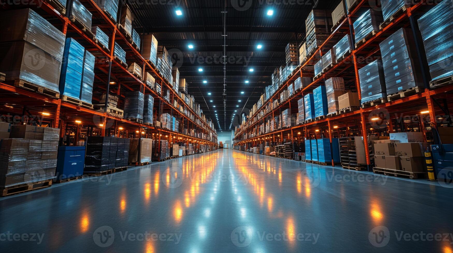 Wide aisles lined with stacked pallets and boxes in a well maintained warehouse, illuminated by overhead lighting, emphasizing efficient logistics and distribution operations. photo