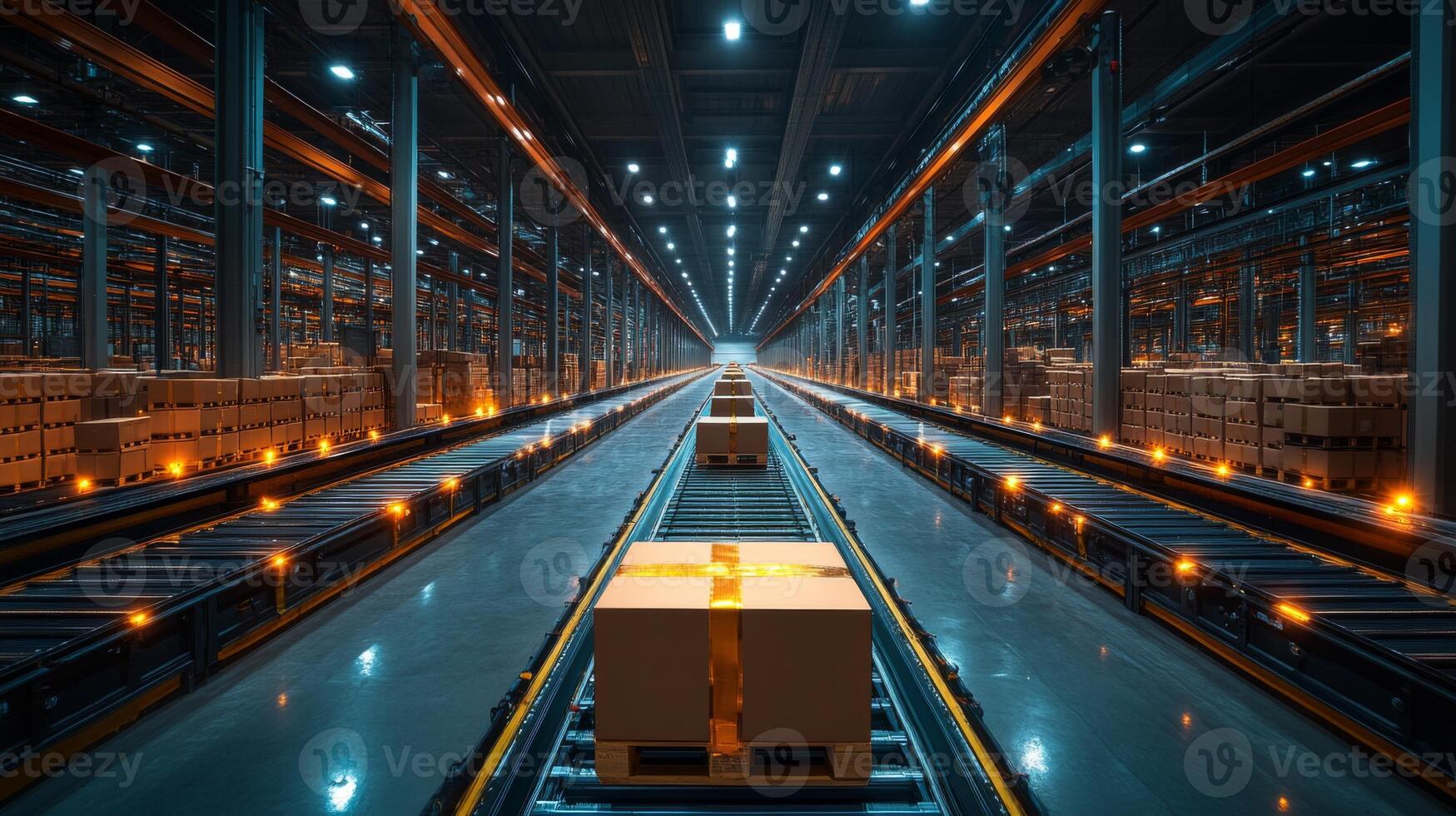 Rows of neatly stacked boxes in a modern warehouse showcase a sophisticated logistics system with automated sorting and streamlined storage facilities during nighttime. photo