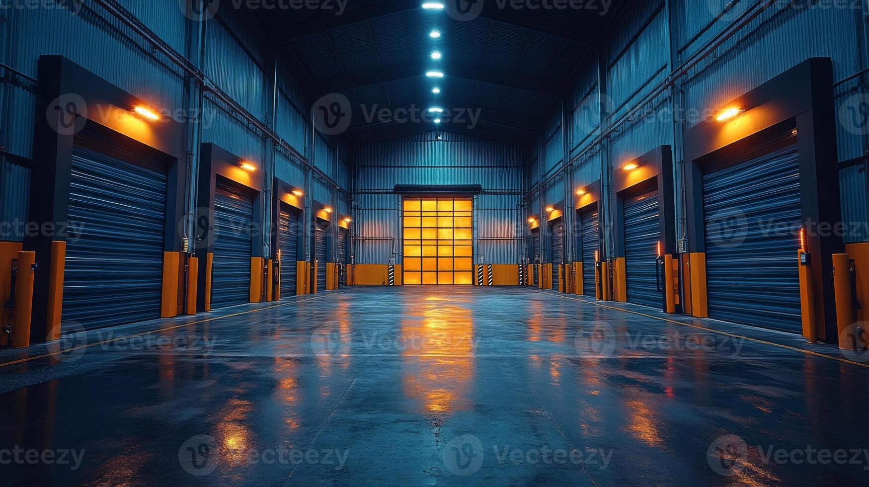 A large warehouse space with several storage bays is brightly illuminated by overhead lights highlighting the wet floor. The atmosphere suggests an active logistics environment during evening hours. photo