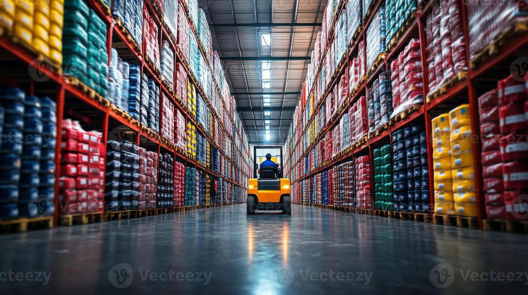 A worker drives a small vehicle through a spacious warehouse packed with neatly organized shelves of colorful inventory, facilitating effective sorting and fulfillment operations. photo