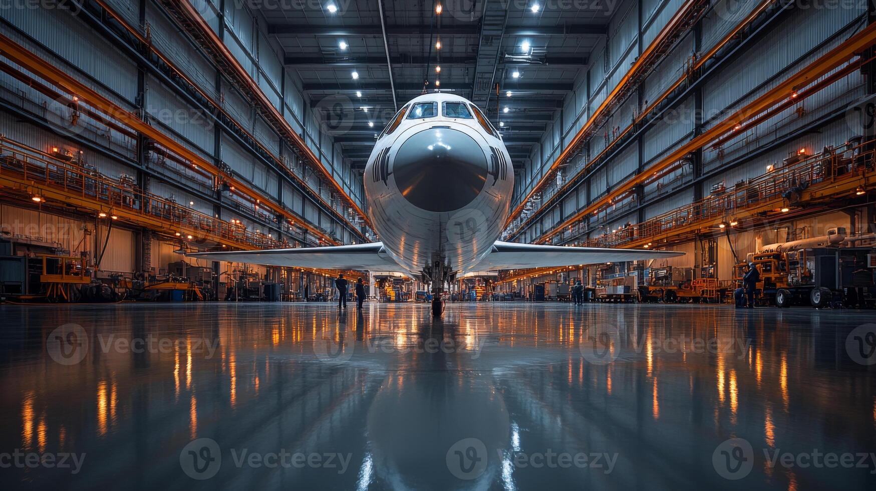 Large spacecraft is positioned in a spacious hangar, showcasing advanced propulsion systems. Technicians perform necessary checks in preparation for future aerospace missions. photo