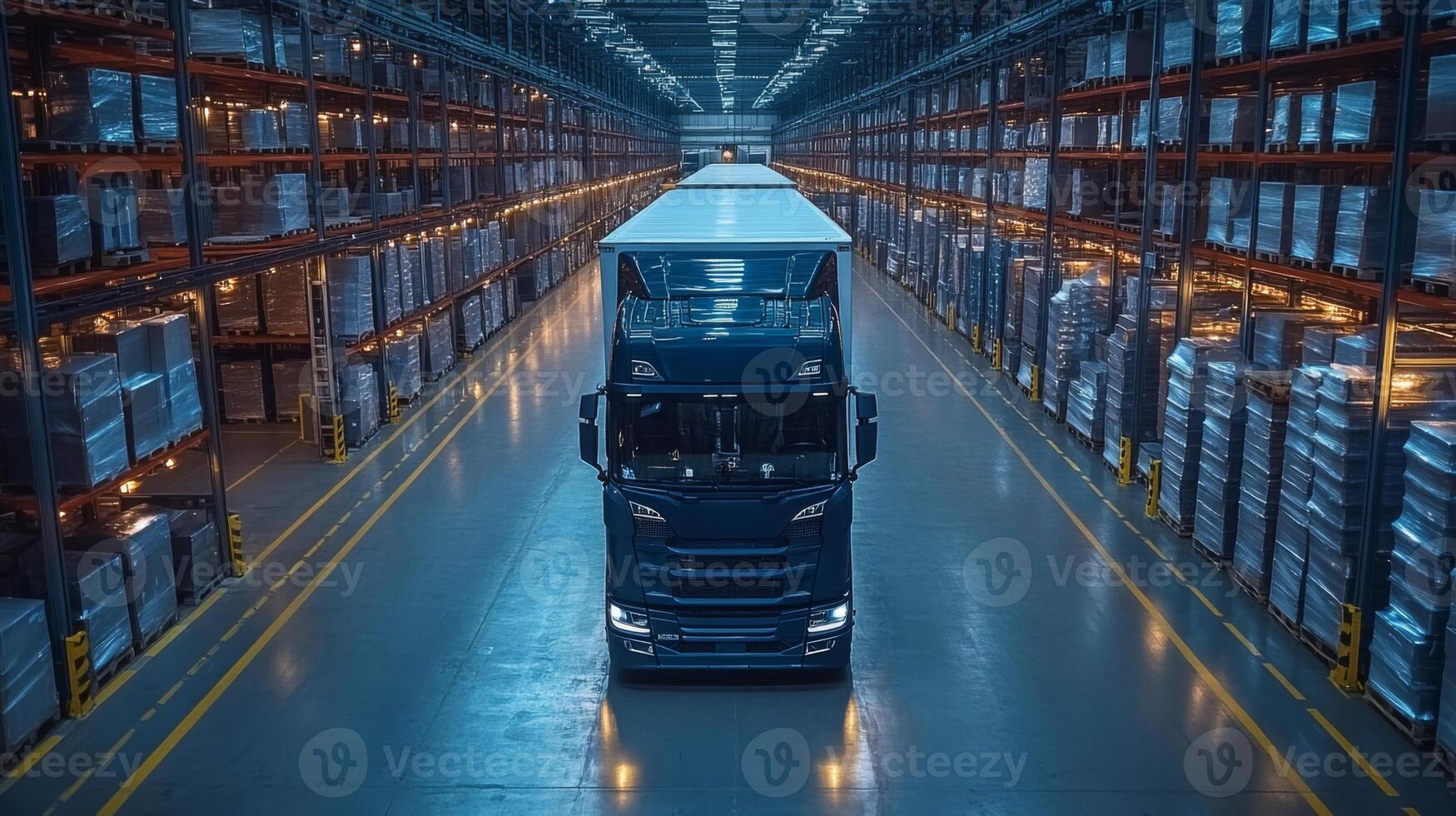A large truck is positioned inside a spacious warehouse, prepared to load goods for distribution. Shelves filled with inventory line the well lit aisles between organized pallets. photo