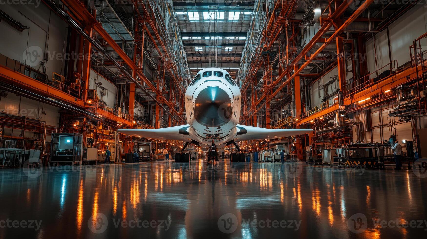 Rescue and refurbishment processes are depicted with a rocket positioned in a vast aerospace facility surrounded by equipment and infrastructure for prelaunch preparations. photo