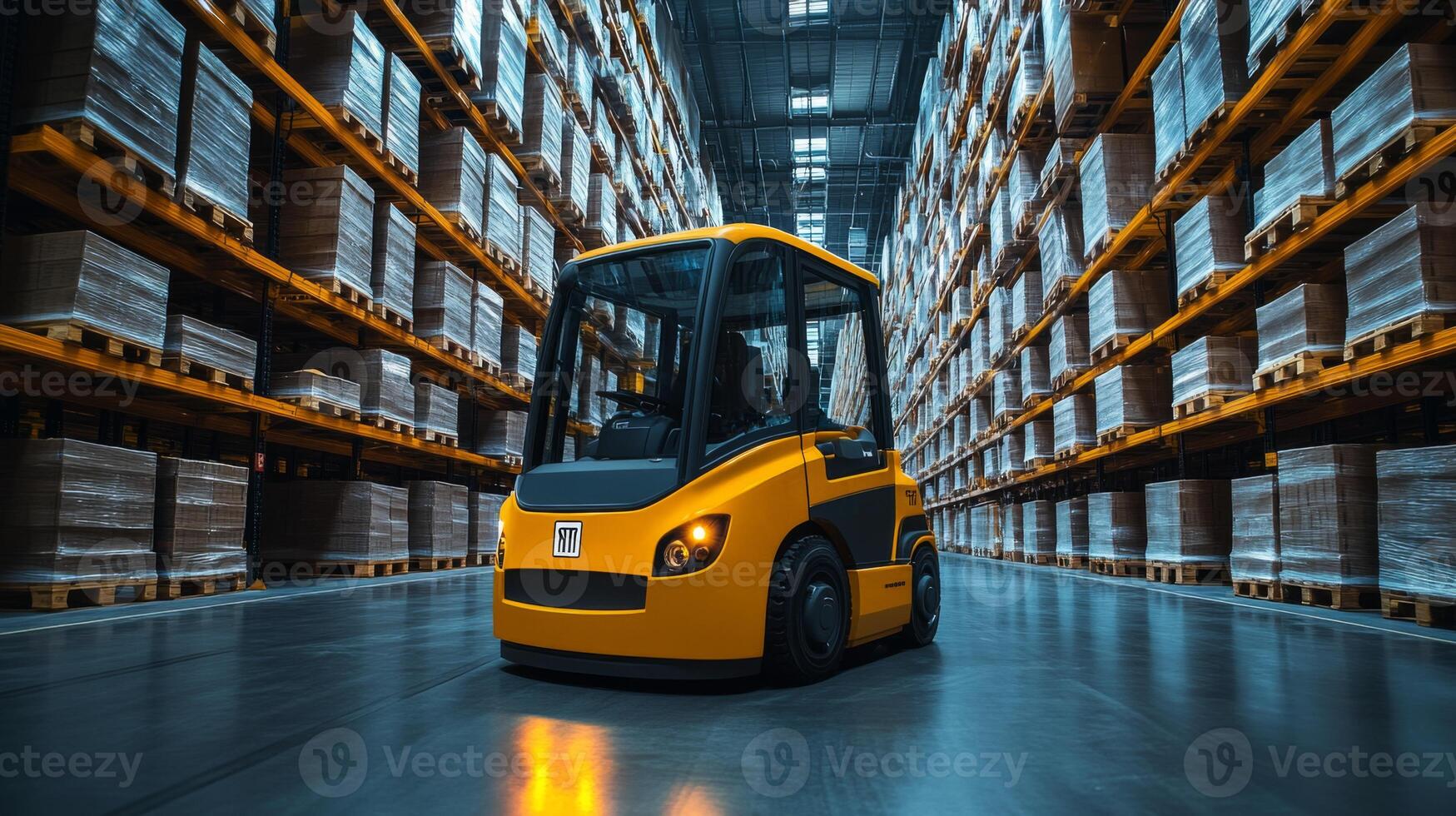 Electric forklift operates within a spacious warehouse, navigating through rows of stacked inventory, showcasing an efficient environment for logistics and distribution tasks. photo
