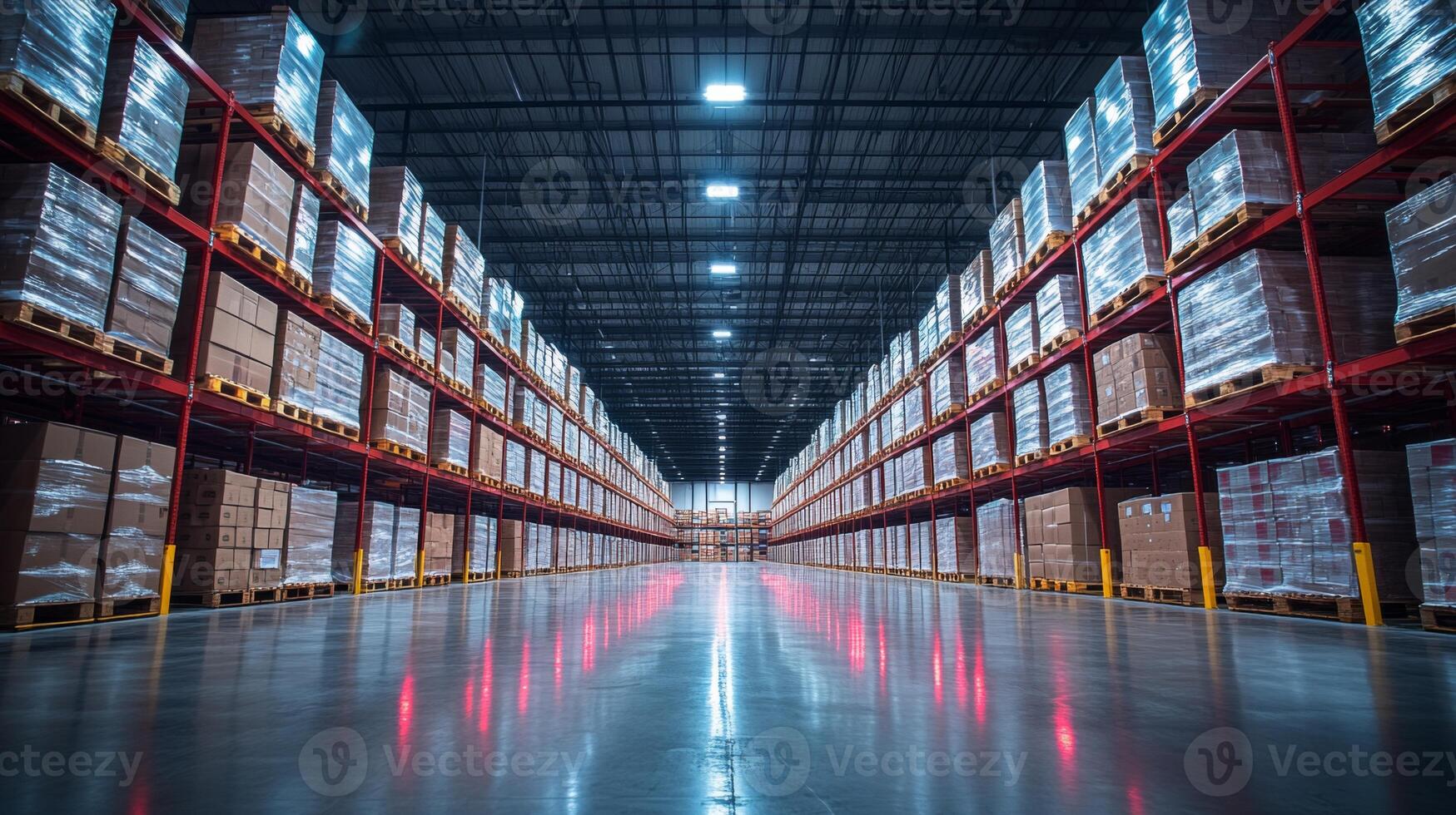 Rows of pallets stacked with boxes fill the expansive warehouse, reflecting a well organized system for inventory storage and logistics operations during daylight hours. photo