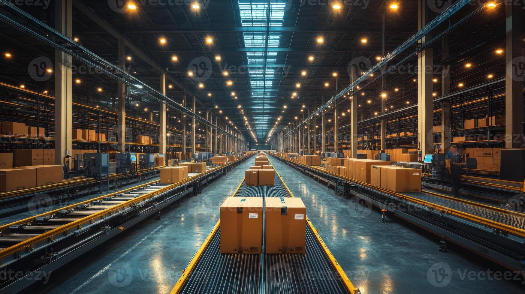 Rows of neatly stacked cargo boxes are positioned along automated conveyor belts in a spacious warehouse. Bright lights illuminate the facility, enhancing operational efficiency. photo