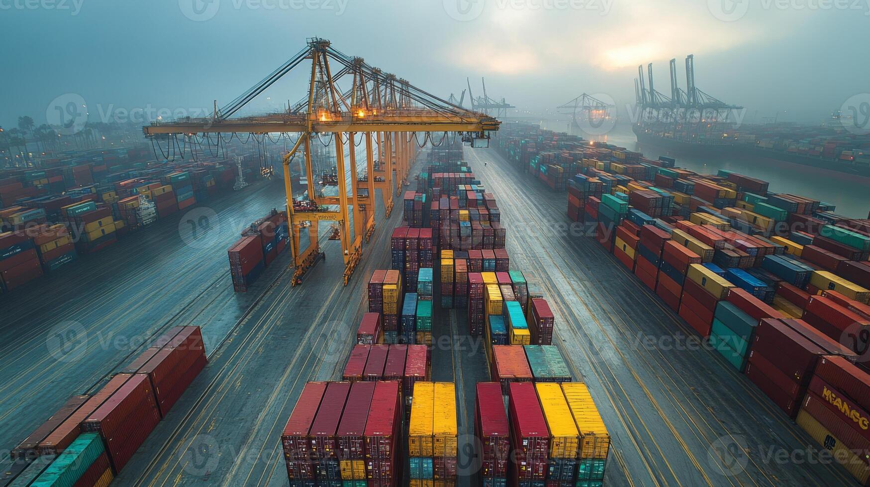 A vast logistics center showcases rows of stacked cargo containers in various colors, while towering cranes prepare for loading and unloading operations during early morning hours. photo