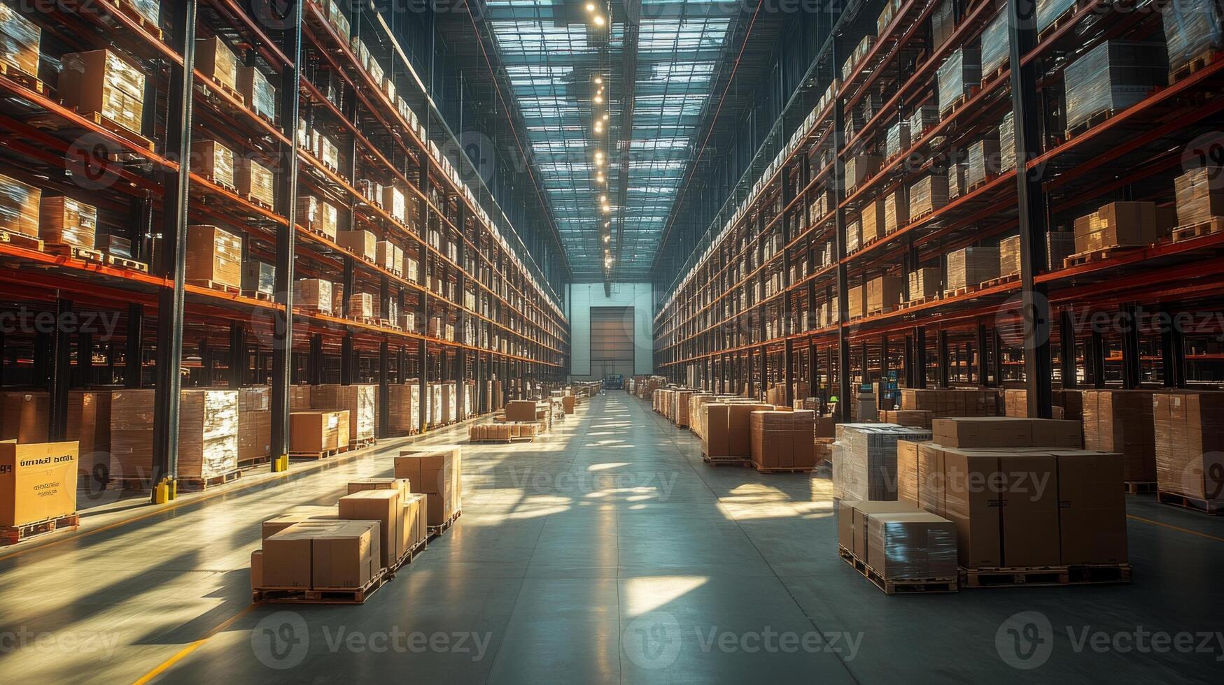 Brightly lit warehouse filled with neatly stacked boxes and pallets, highlighting an efficient sorting and fulfillment operation within a logistics hub. photo