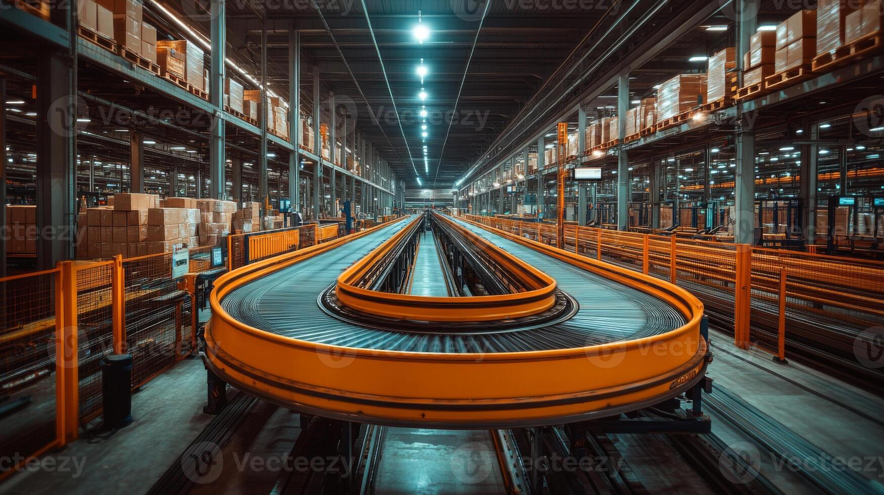 A state of the art warehouse features an advanced conveyor system designed for efficient movement of cargo. Palletized inventory is strategically stored for streamlined operations. photo