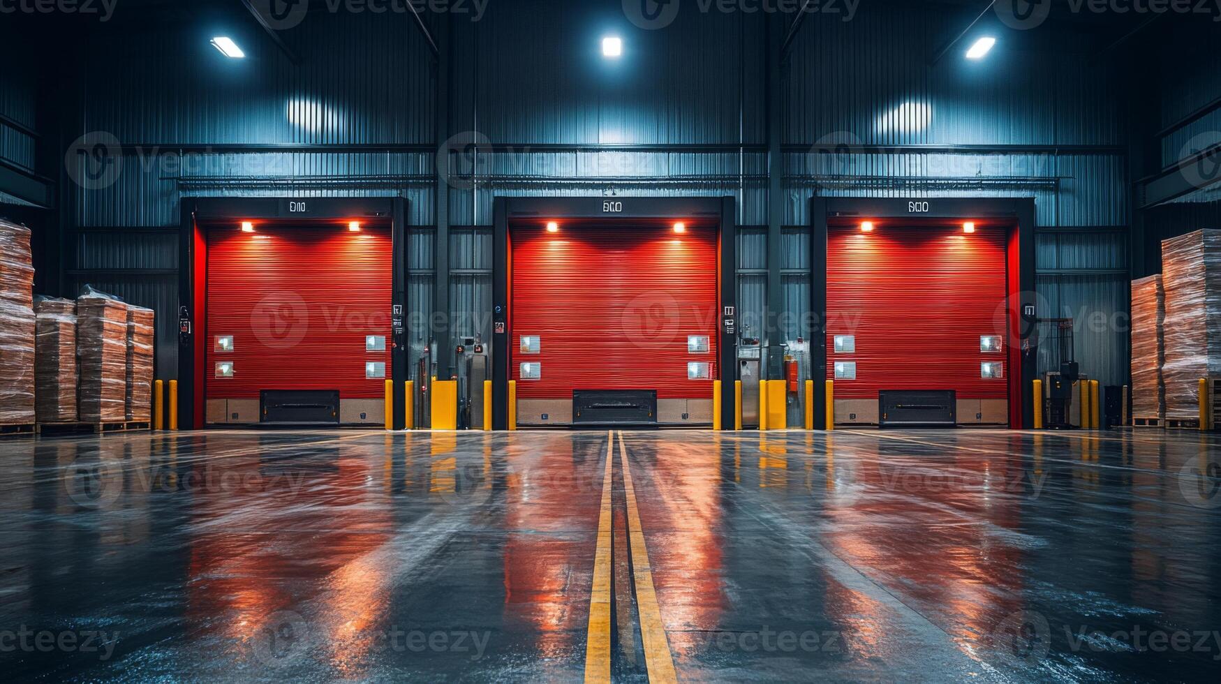 Inside a spacious logistics facility, three loading docks with bright red doors are ready for trucks, showcasing organized inventory stacked neatly along the walls in well lit surroundings. photo
