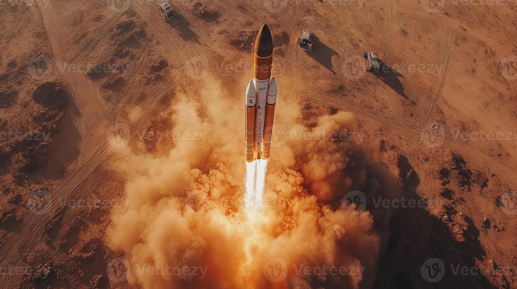 Rocket lifts off from a desert launch site, emitting intense flames and smoke, signifying the beginning of a spaceflight mission with advanced propulsion systems. photo