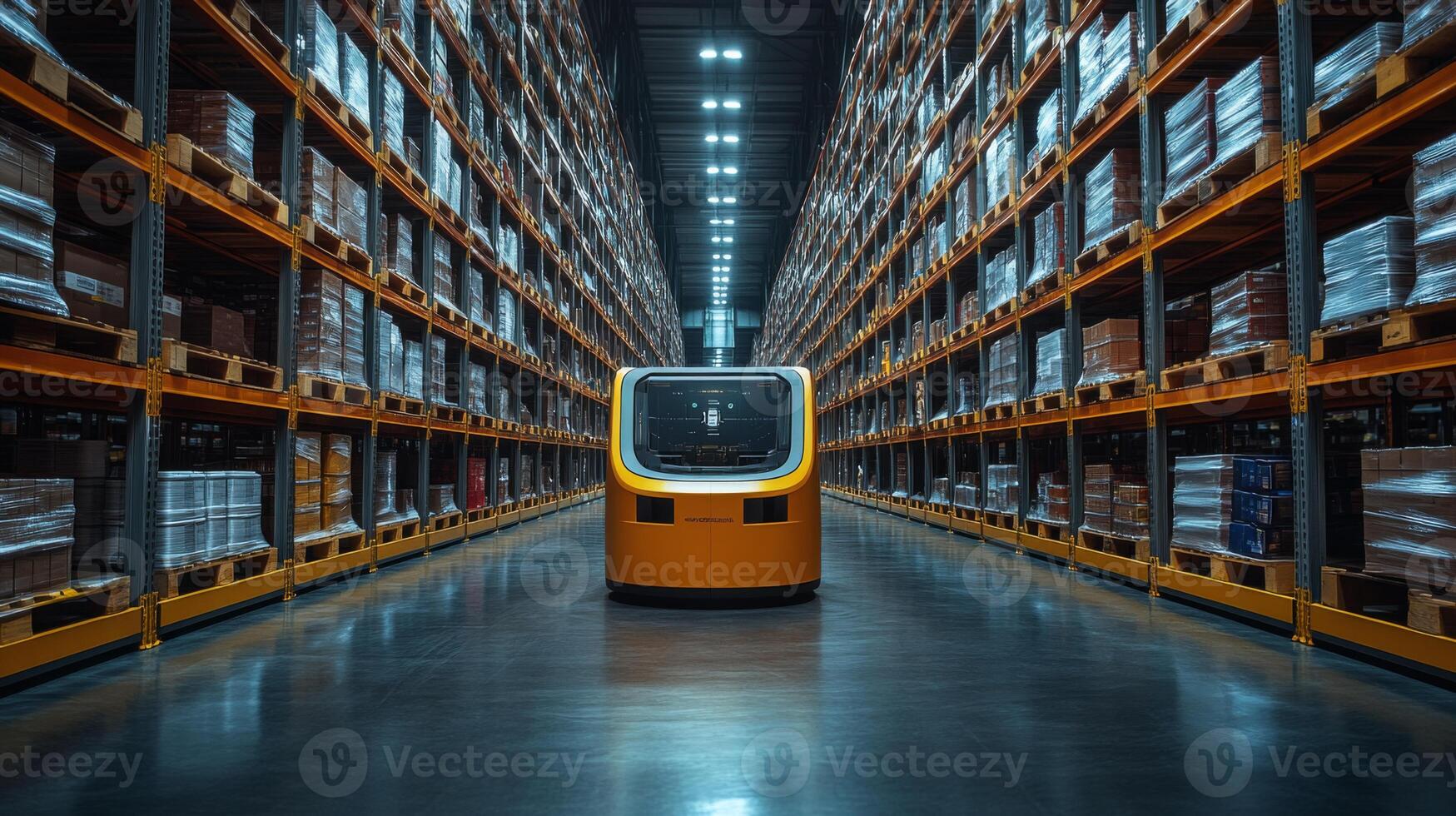 A sleek automated transport vehicle navigates through a spacious warehouse filled with neatly organized shelves and varied cargo, highlighting cutting edge logistics. photo