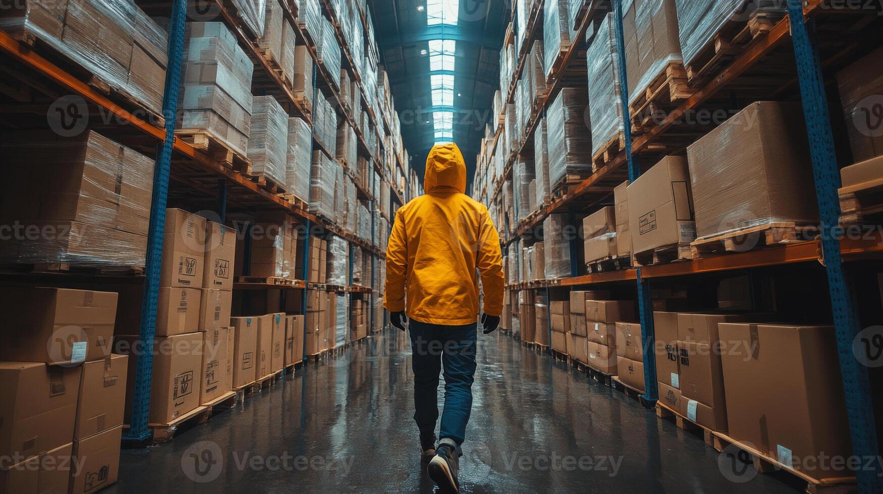 A worker in a vibrant yellow jacket walks through the aisles of a warehouse filled with boxes and shelving. The environment is busy with logistics activities, creating an efficient distribution hub. photo