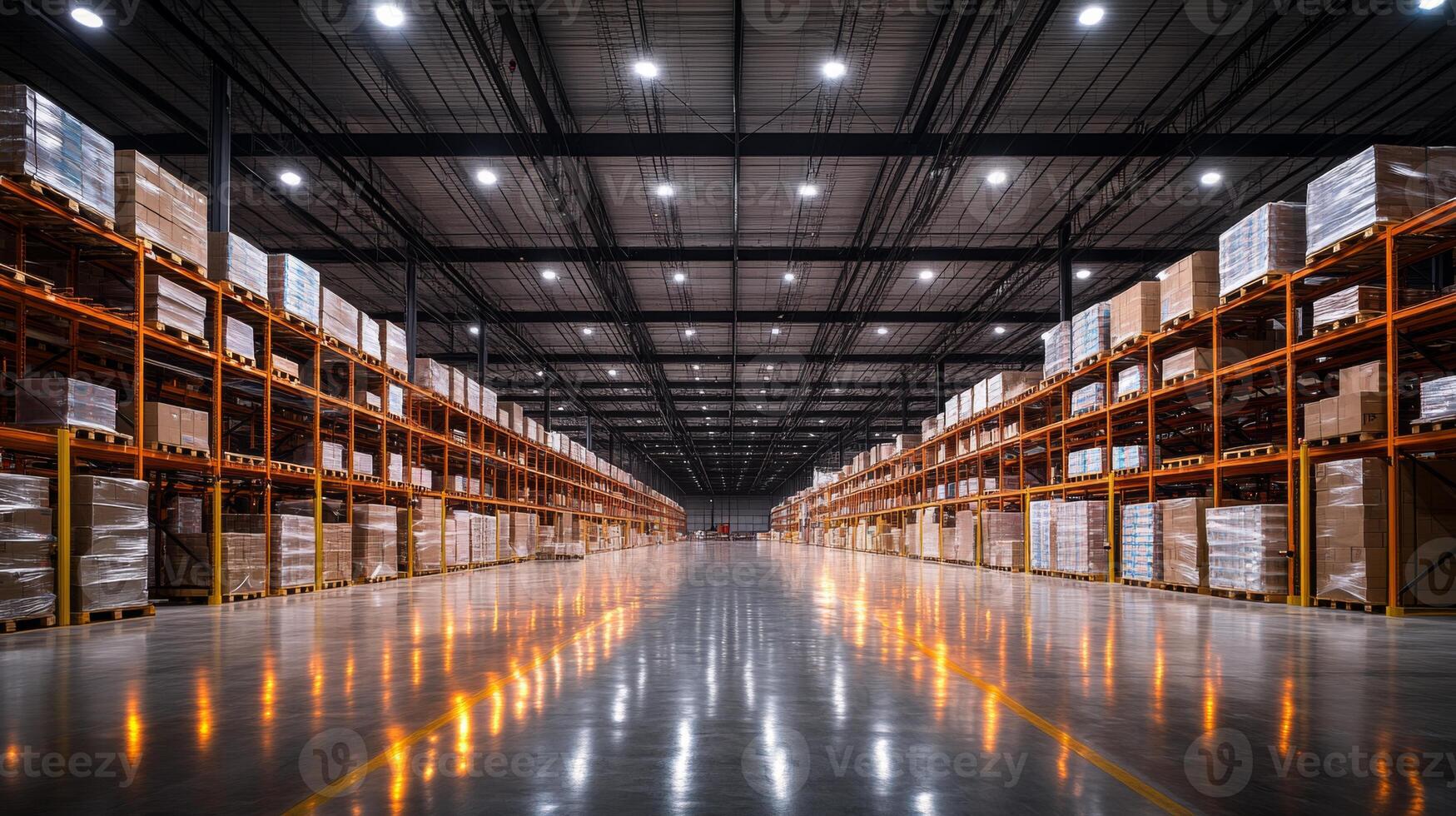 Wide view of a spacious warehouse filled with neatly stacked pallets. The bright lighting highlights the organized shelving and smooth flooring, emphasizing efficient inventory handling. photo