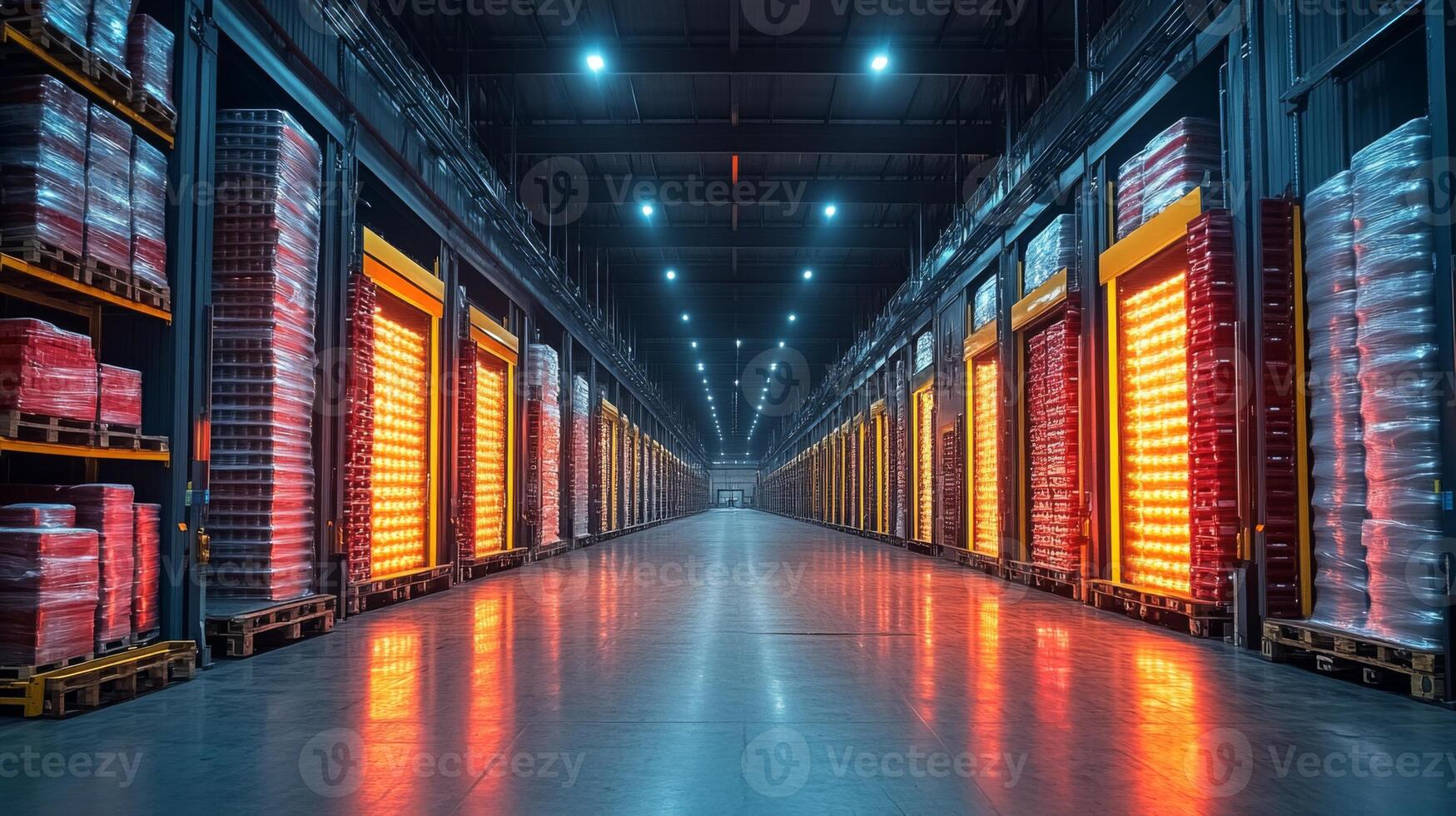 Brightly lit warehouse features neatly arranged pallets of goods, highlighting efficient storage practices and logistics operations in a large distribution center. photo