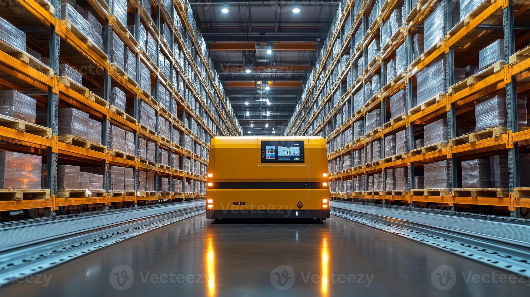 An automated guided vehicle moves along the track in a spacious warehouse filled with tall shelves stacked with stored products, ensuring effective inventory management and sorting. photo