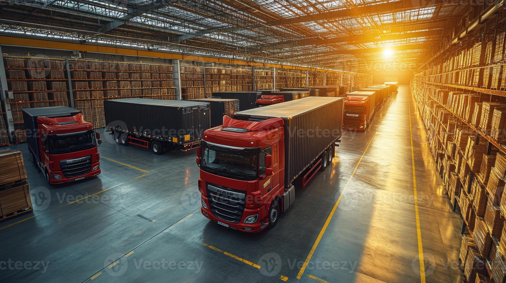 Trucks lined up inside a spacious warehouse are ready for shipping and transport as the sun sets, illuminating the organized storage space filled with inventory and supplies. photo