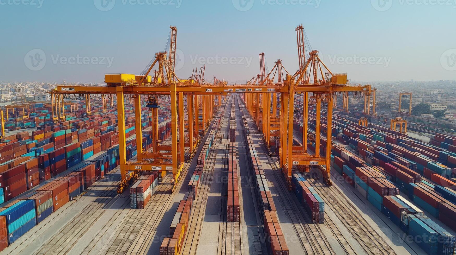 A busy cargo terminal showcases large cranes working to load and unload shipping containers. The vivid array of containers reflects the thriving logistics and distribution activity in the area. photo