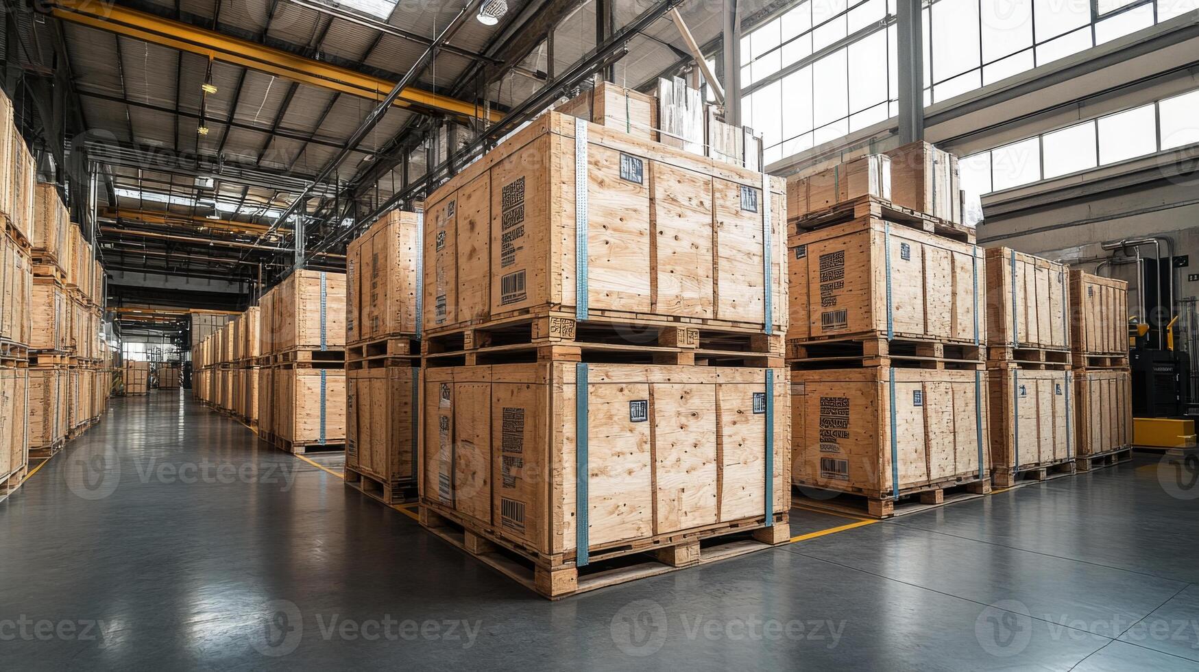 Rows of wooden crates are neatly arranged in a spacious warehouse designed for logistics and distribution. The area is well lit, promoting efficient inventory handling. photo