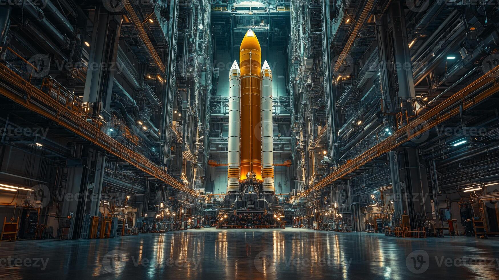 Rocket is standing ready for its launch in a state of the art aerospace facility, showcasing the remarkable propulsion technology and detailed engineering essential for space exploration. photo