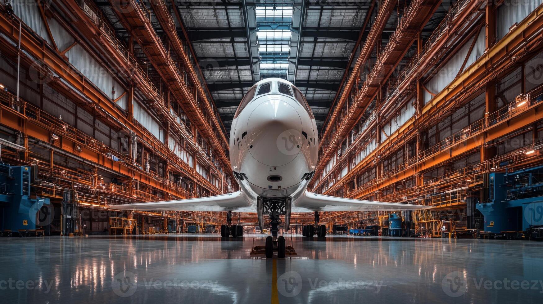 A rocket is positioned in a large aerospace hangar, featuring intricate engineering design. Specialized systems are visible around it, indicating preparation for future space missions. photo